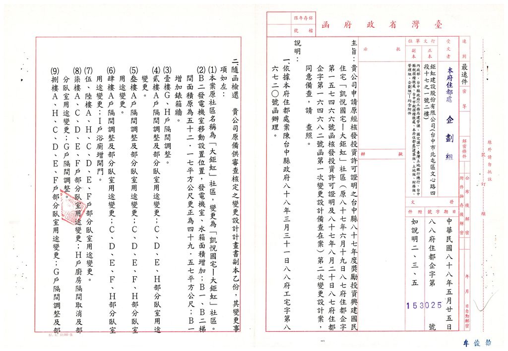 台中縣87年度獎勵投資興建國民住宅「凱悅國宅-大鉅虹」社區變更設計案