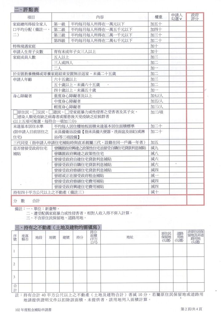 102年度租金補貼申請書