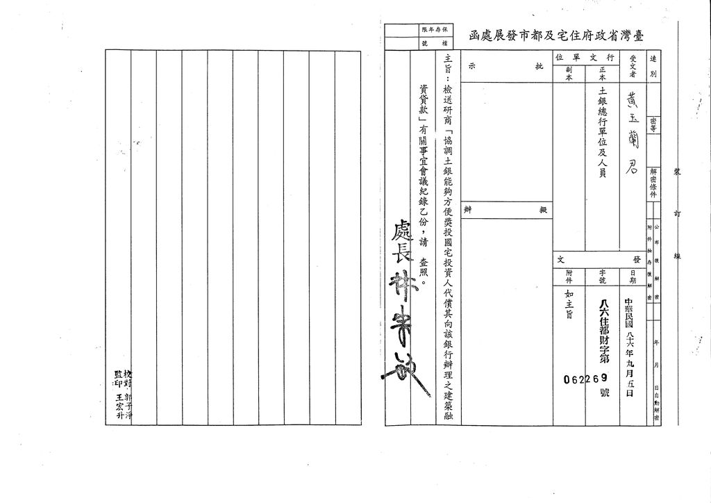 研商「協調土銀能夠方便獎投國宅投資人代償其向該銀行辦理之建築融資貸款」有關事宜會議紀錄乙份